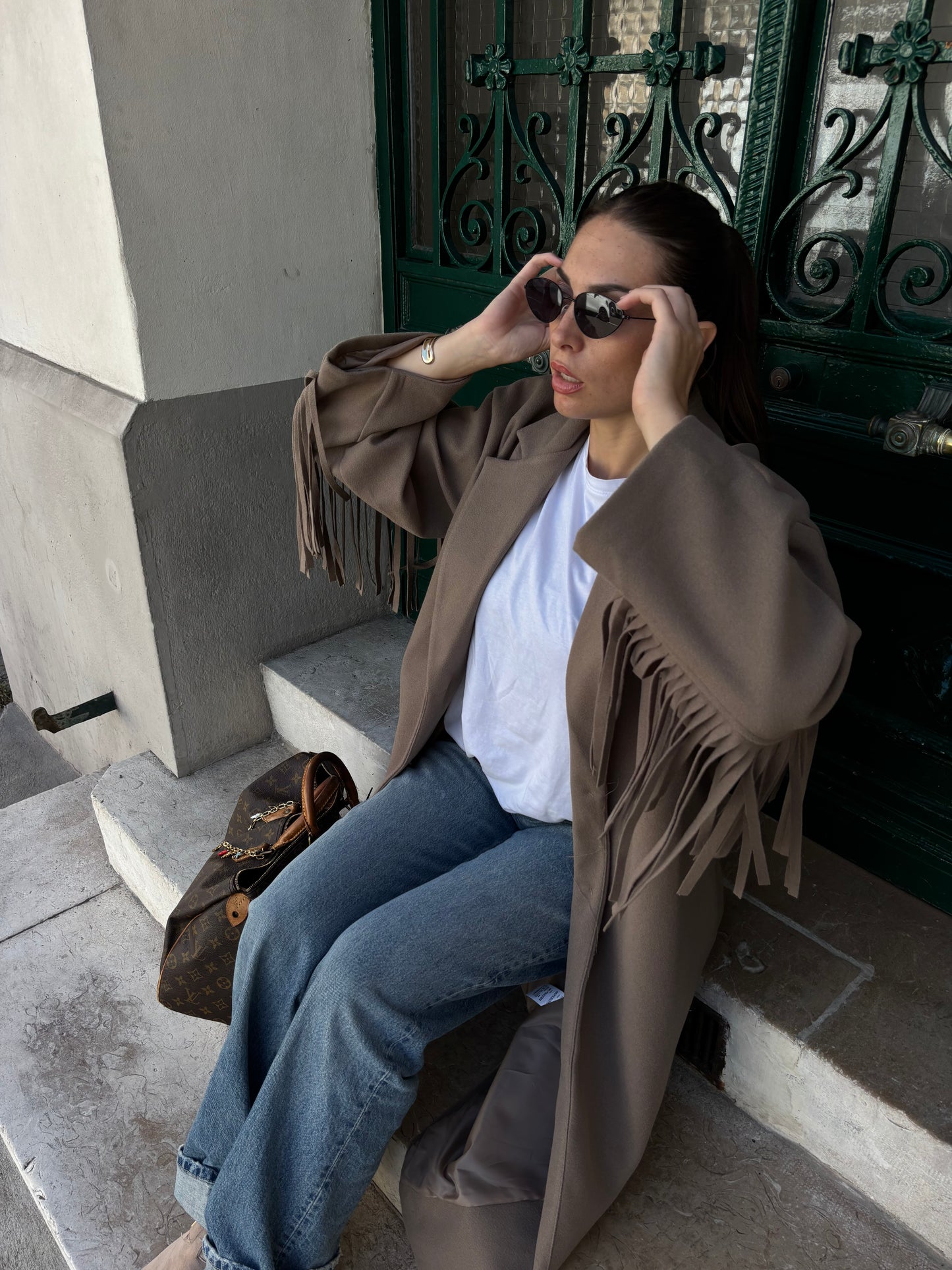 Manteau à franges HILONA taupe