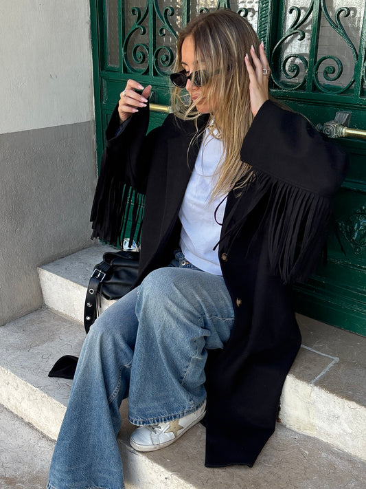 Manteau à franges HILONA noir