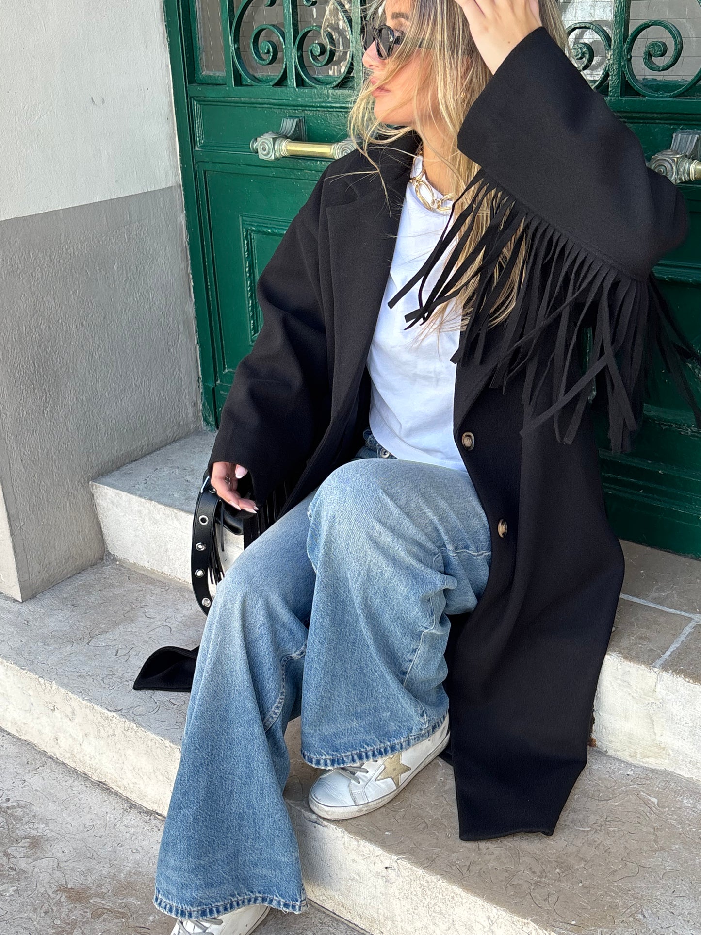 Manteau à franges HILONA noir